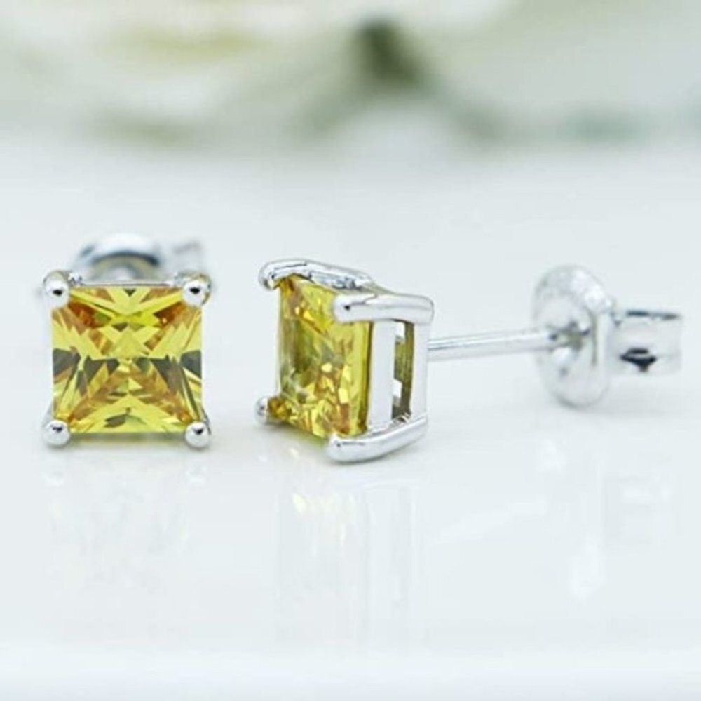 Yellow created Citrine 925 Sterling Silver Stud Earrings